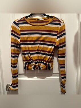 Striped Knot-Front Long Sleeve Top - Mustard Multi